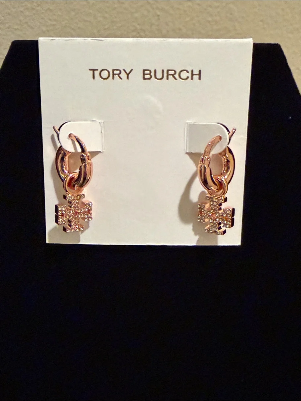 Tory Burch Rose Gold Crystal Logo Drop Huggies